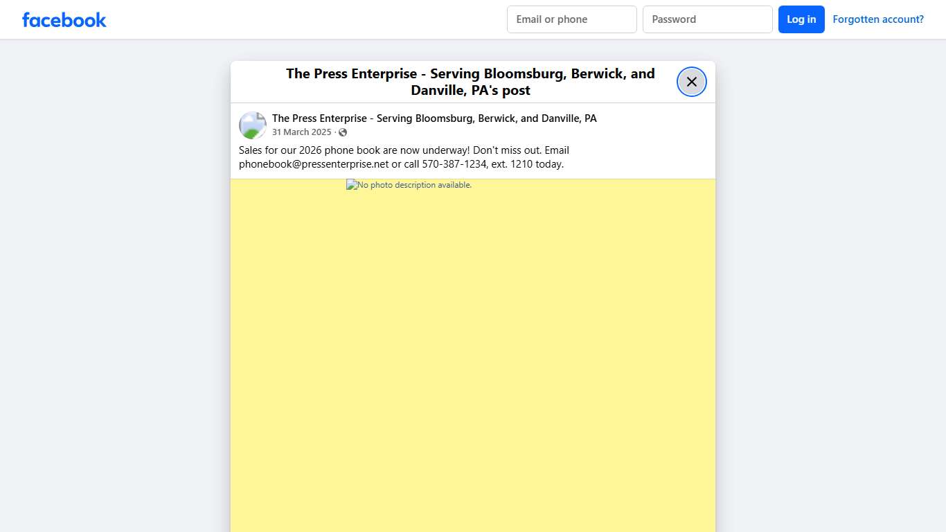 Sales for our 2026 phone book are now underway! Don't miss out. Email phonebook@pressenterprise.net or call 570-387-1234,... - The Press Enterprise - Serving Bloomsburg, Berwick, and Danville, PA Facebook